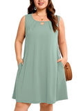 SHOWMALL Plus Size Sleeveless Summer Dress for Women, Keyhole Cutout Pleated Neck A-Line Dress with Pockets, Soft Casual Sun Dress