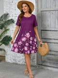 SHOWMALL Women's Plus Summer Dresses Short Sleeves Casual Midi Dress with Pockets