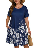 SHOWMALL Women's Plus Summer Dresses Short Sleeves Casual Midi Dress with Pockets