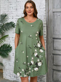 SHOWMALL Women's Plus Summer Dresses Short Sleeves Casual Midi Dress with Pockets