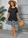 SHOWMALL Women's Plus Summer Dresses Short Sleeves Casual Midi Dress with Pockets