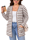 SHOWMALL Plus Size Ribbed Knit Cardigan for Women, Long Sleeve Button Down Stripe Fuzzy Sweater