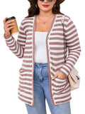 SHOWMALL Plus Size Ribbed Knit Cardigan for Women, Long Sleeve Button Down Stripe Fuzzy Sweater