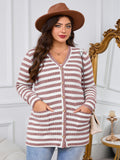 SHOWMALL Plus Size Ribbed Knit Cardigan for Women, Long Sleeve Button Down Stripe Fuzzy Sweater