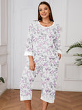 Plus 2 Piece PJS Soft Sleepwear 3/4 Sleeve Top and Waisted Adjustable Capri Pants