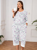 Plus 2 Piece PJS Soft Sleepwear 3/4 Sleeve Top and Waisted Adjustable Capri Pants