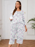Plus 2 Piece PJS Soft Sleepwear 3/4 Sleeve Top and Waisted Adjustable Capri Pants