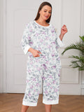 Plus 2 Piece PJS Soft Sleepwear 3/4 Sleeve Top and Waisted Adjustable Capri Pants