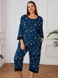 Plus 2 Piece PJS Soft Sleepwear 3/4 Sleeve Top and Waisted Adjustable Capri Pants