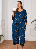 Plus 2 Piece PJS Soft Sleepwear 3/4 Sleeve Top and Waisted Adjustable Capri Pants