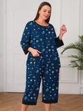 Plus 2 Piece PJS Soft Sleepwear 3/4 Sleeve Top and Waisted Adjustable Capri Pants
