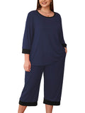 Plus 2 Piece PJS Soft Sleepwear 3/4 Sleeve Top and Waisted Adjustable Capri Pants
