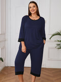 Plus 2 Piece PJS Soft Sleepwear 3/4 Sleeve Top and Waisted Adjustable Capri Pants