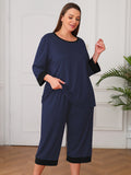 Plus 2 Piece PJS Soft Sleepwear 3/4 Sleeve Top and Waisted Adjustable Capri Pants