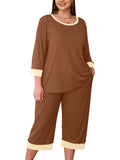 Plus 2 Piece PJS Soft Sleepwear 3/4 Sleeve Top and Waisted Adjustable Capri Pants