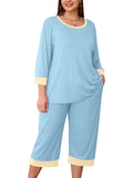 Plus 2 Piece PJS Soft Sleepwear 3/4 Sleeve Top and Waisted Adjustable Capri Pants
