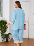 Plus 2 Piece PJS Soft Sleepwear 3/4 Sleeve Top and Waisted Adjustable Capri Pants