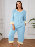 Plus 2 Piece PJS Soft Sleepwear 3/4 Sleeve Top and Waisted Adjustable Capri Pants