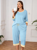Plus 2 Piece PJS Soft Sleepwear 3/4 Sleeve Top and Waisted Adjustable Capri Pants