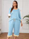 Plus 2 Piece PJS Soft Sleepwear 3/4 Sleeve Top and Waisted Adjustable Capri Pants