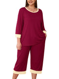 Plus 2 Piece PJS Soft Sleepwear 3/4 Sleeve Top and Waisted Adjustable Capri Pants