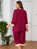 Plus 2 Piece PJS Soft Sleepwear 3/4 Sleeve Top and Waisted Adjustable Capri Pants