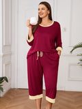 Plus 2 Piece PJS Soft Sleepwear 3/4 Sleeve Top and Waisted Adjustable Capri Pants