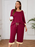 Plus 2 Piece PJS Soft Sleepwear 3/4 Sleeve Top and Waisted Adjustable Capri Pants
