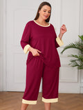 Plus 2 Piece PJS Soft Sleepwear 3/4 Sleeve Top and Waisted Adjustable Capri Pants