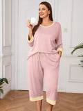 Plus 2 Piece PJS Soft Sleepwear 3/4 Sleeve Top and Waisted Adjustable Capri Pants
