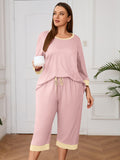 Plus 2 Piece PJS Soft Sleepwear 3/4 Sleeve Top and Waisted Adjustable Capri Pants