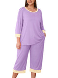 Plus 2 Piece PJS Soft Sleepwear 3/4 Sleeve Top and Waisted Adjustable Capri Pants