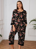 Plus 2 Piece PJS Soft Sleepwear 3/4 Sleeve Top and Waisted Adjustable Capri Pants