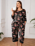 Plus 2 Piece PJS Soft Sleepwear 3/4 Sleeve Top and Waisted Adjustable Capri Pants