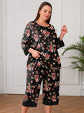 Plus 2 Piece PJS Soft Sleepwear 3/4 Sleeve Top and Waisted Adjustable Capri Pants