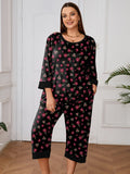 Plus 2 Piece PJS Soft Sleepwear 3/4 Sleeve Top and Waisted Adjustable Capri Pants