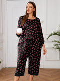 Plus 2 Piece PJS Soft Sleepwear 3/4 Sleeve Top and Waisted Adjustable Capri Pants