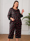 Plus 2 Piece PJS Soft Sleepwear 3/4 Sleeve Top and Waisted Adjustable Capri Pants