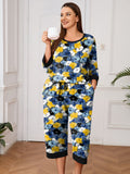 Plus 2 Piece PJS Soft Sleepwear 3/4 Sleeve Top and Waisted Adjustable Capri Pants