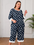 Plus 2 Piece PJS Soft Sleepwear 3/4 Sleeve Top and Waisted Adjustable Capri Pants