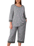 Plus 2 Piece PJS Soft Sleepwear 3/4 Sleeve Top and Waisted Adjustable Capri Pants