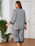 Plus 2 Piece PJS Soft Sleepwear 3/4 Sleeve Top and Waisted Adjustable Capri Pants