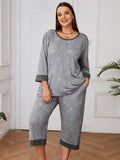 Plus 2 Piece PJS Soft Sleepwear 3/4 Sleeve Top and Waisted Adjustable Capri Pants