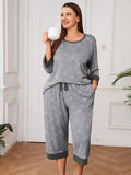 Plus 2 Piece PJS Soft Sleepwear 3/4 Sleeve Top and Waisted Adjustable Capri Pants