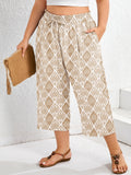 SHOWMALL Plus Size Cropped Pants for Women, Flowy Wide Leg Capris for Casual & Resort Wear, Lightweight High Rise Travel Pants with Pockets