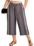 SHOWMALL Plus Size Cropped Pants for Women, Flowy Wide Leg Capris for Casual & Resort Wear, Lightweight High Rise Travel Pants with Pockets