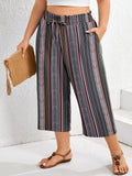 SHOWMALL Plus Size Cropped Pants for Women, Flowy Wide Leg Capris for Casual & Resort Wear, Lightweight High Rise Travel Pants with Pockets