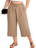 SHOWMALL Plus Size Cropped Pants for Women, Flowy Wide Leg Capris for Casual & Resort Wear, Lightweight High Rise Travel Pants with Pockets