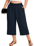 SHOWMALL Plus Size Cropped Pants for Women, Flowy Wide Leg Capris for Casual & Resort Wear, Lightweight High Rise Travel Pants with Pockets