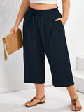 SHOWMALL Plus Size Cropped Pants for Women, Flowy Wide Leg Capris for Casual & Resort Wear, Lightweight High Rise Travel Pants with Pockets